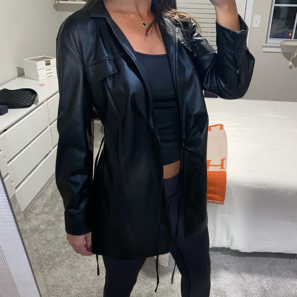 Zara black leather jacket long